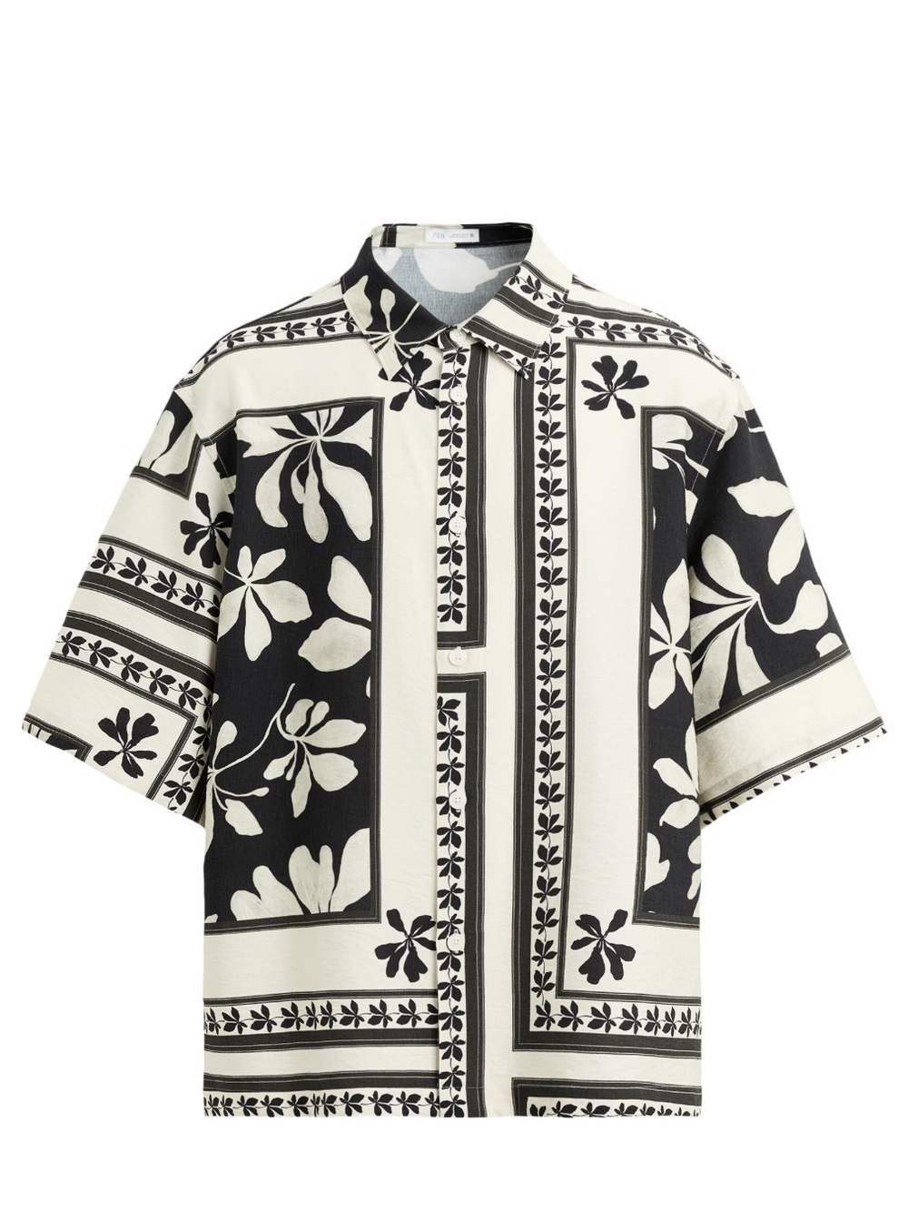 Zara Black & White Floral Panel Short-Sleeve Button-Down Shirt
